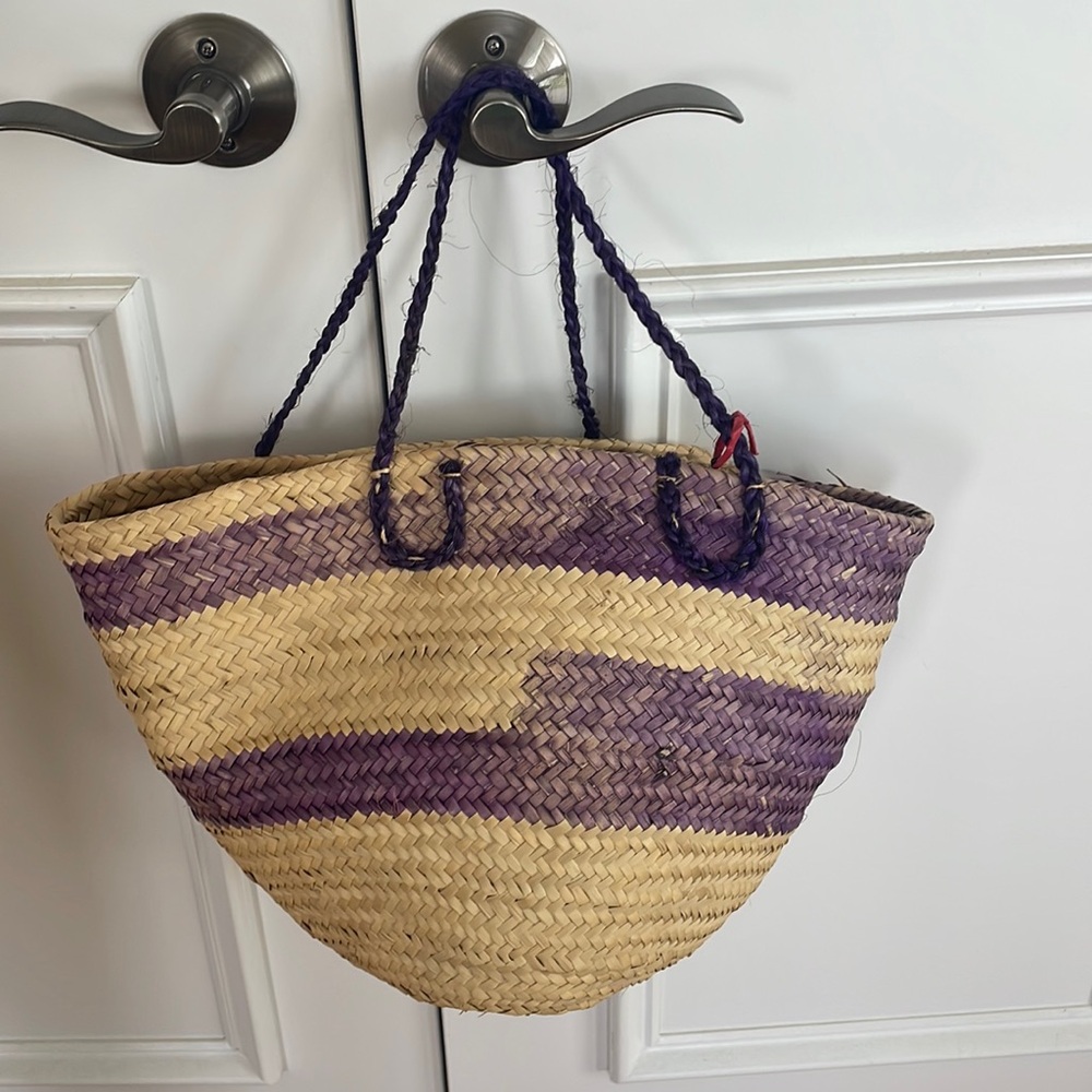 Straw bag. Purple and tan. 17 inches. Some defect please see last photo.